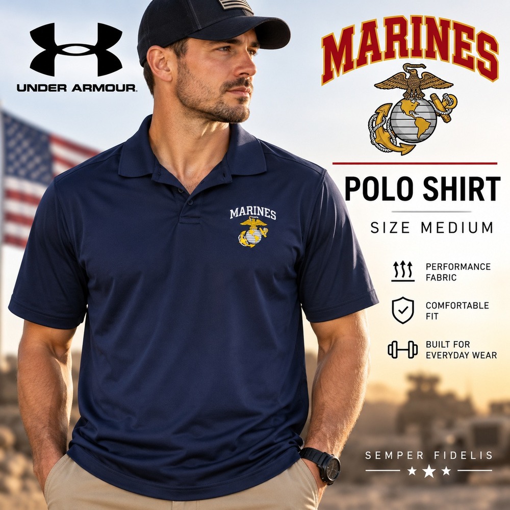 Under Armour US Marines Polo Shirt Mens L Navy Blue USMC Logo Performance Golf